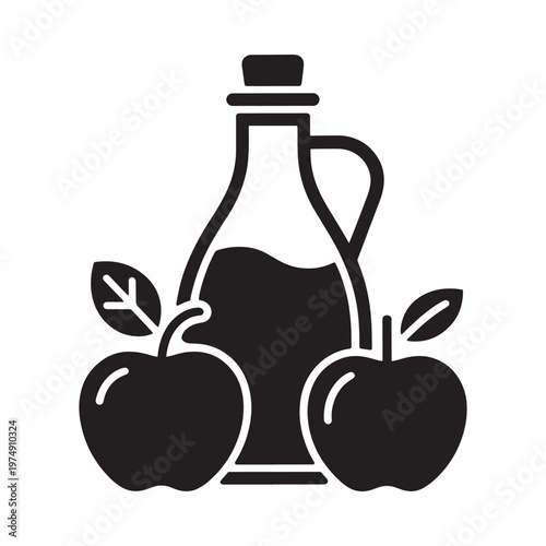 Apple cider bottle with fruit a simple black and white illustration