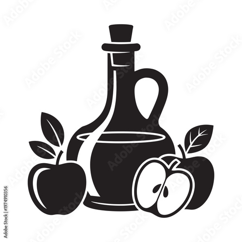 Black and white illustration of oil bottle apples and foliage
