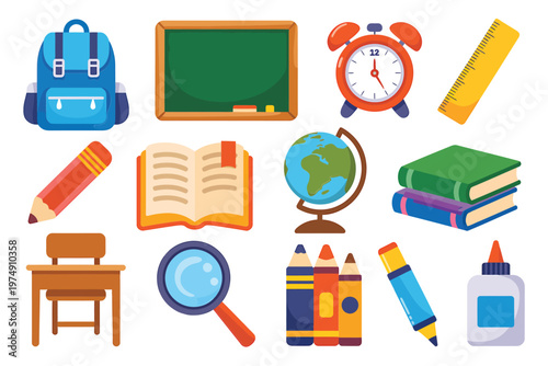 A colorful collection of school supplies including a backpack books and a globe high quality professional