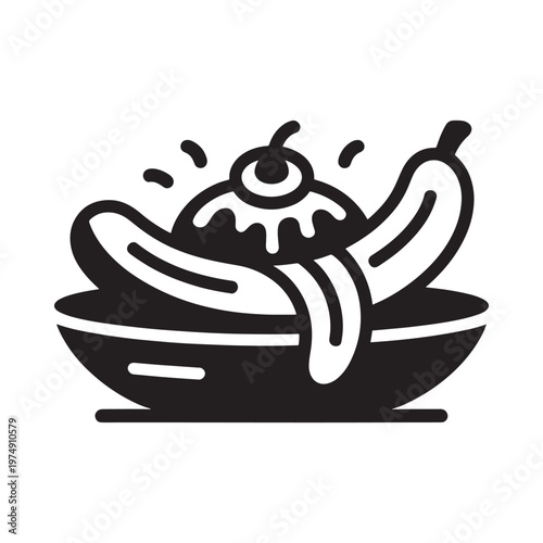 A black and white illustration of bananas with chocolate sauce