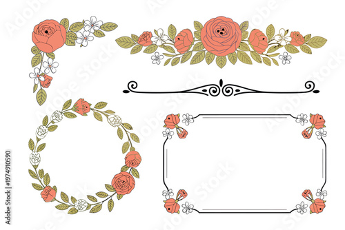 Floral arrangements and decorative elements featuring peach colored roses and delicate greenery high quality professional detailed