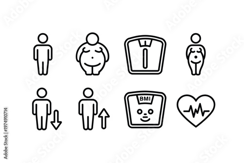 Line art icons depict varying body types weight scales and health related symbols high quality professional
