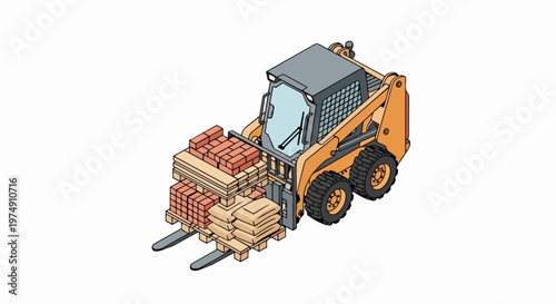 Isometric Skid Steer Loader Carrying Pallet with Construction Bricks and Cement Sacks, Industrial Machinery Illustration on White Background