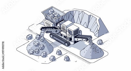 Industrial Mobile Rock Crusher Machine with Conveyor Belts in Quarry, Isometric Line Art Illustration for Mining and Construction