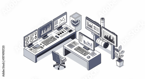 Isometric Illustration of a Modern Data Control Room with Multiple Monitors, Analytical Dashboards, and Workspace Equipment in Clean Line Art Style