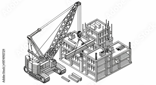 Isometric Construction Site Illustration with Heavy Duty Crane Lifting Steel Beam for Building Development