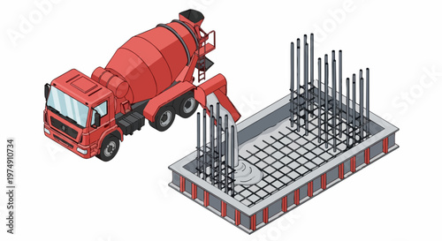 Isometric Concrete Mixer Truck Pouring Cement into Reinforced Foundation with Rebar, Industrial Construction Illustration