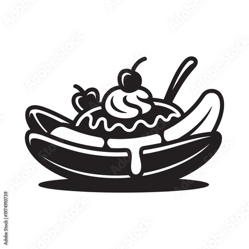 A black and white illustration of a classic banana split dessert