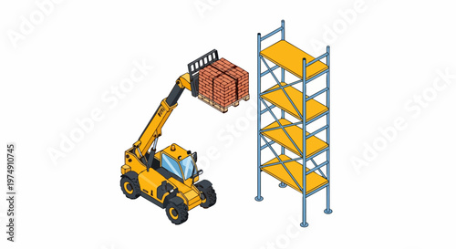 Isometric Telehandler Lifting Brick Pallet to High Storage Rack - Construction and Warehouse Logistics Concept