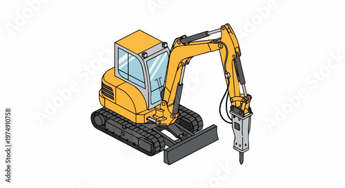 Mini Excavator with Hydraulic Breaker Jackhammer Attachment, Isometric Yellow Construction Machinery Vector Illustration Isolated on White