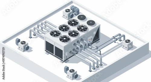 Industrial Rooftop HVAC System Isometric 3D Illustration, Commercial Air Conditioning and Ventilation Unit with Cooling Fans and Pipes