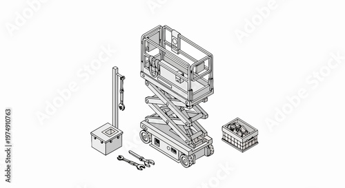 Isometric Scissor Lift with Maintenance Tools Line Art - Industrial Aerial Work Platform Vector Illustration for Technical Design and Construction