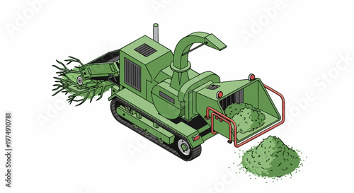 Isometric Industrial Wood Chipper Machine Processing Tree Branches into Mulch, Isolated Illustration