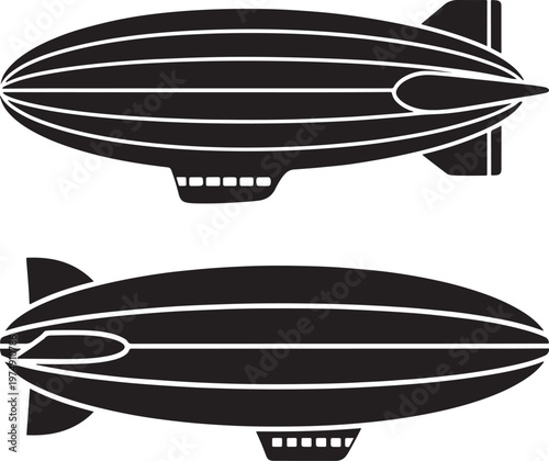 Black silhouettes of two classic dirigibles or airships flying in opposite directions isolated on white background with gas balloon air travel old fashioned lighter than air old technology