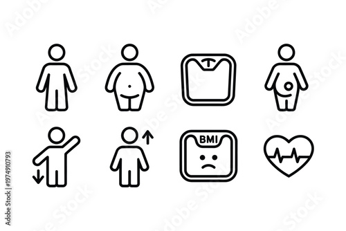 Line art icons depicting varying body types weight scales health indicators and a heart high quality