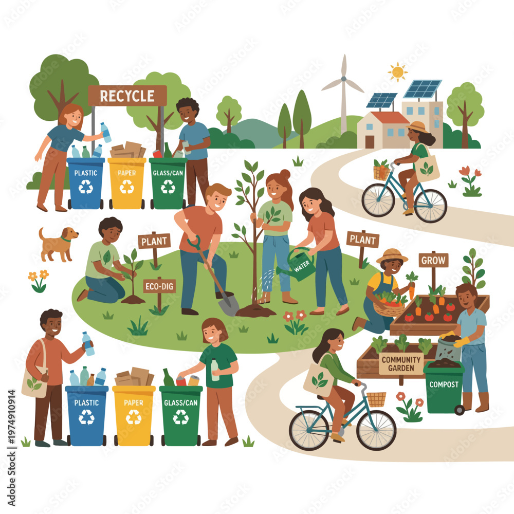 Naklejka premium Illustration of diverse people engaging in eco-friendly activities like recycling, planting trees, and using renewable energy, promoting sustainable living and environmental protection in a