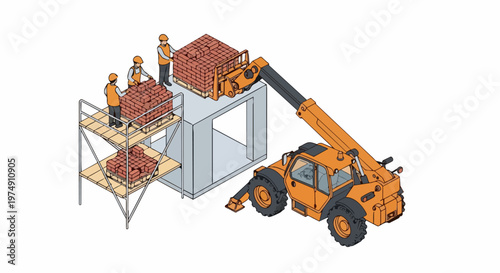 Isometric Construction Site Illustration with Telehandler Lifting Bricks to Workers on Scaffolding