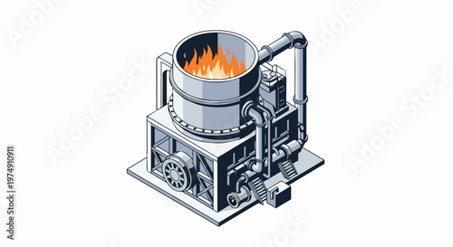 Isometric Industrial Furnace and Incinerator Illustration with Burning Fire, 3D Factory Machine for Energy Production and Waste Management