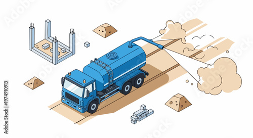 Isometric blue water tank truck spraying dusty road at a construction site for dust suppression