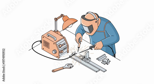 Isometric Welder Illustration at Workbench with Welding Machine and Mask; Industrial Metal Fabrication and Craftsmanship Concept Vector