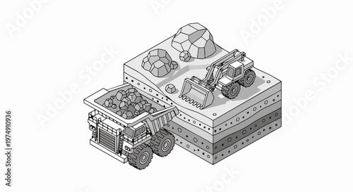 Isometric Mining Site Illustration with Heavy Duty Dump Truck and Loader Excavator, Grayscale Line Art of Industrial Quarrying Process and Mineral Extraction