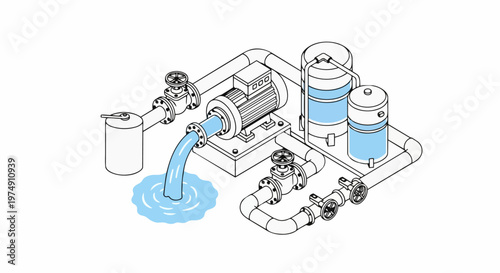 Isometric Industrial Water Pump System Line Art Illustration with Pipes, Valves, and Filtration Tanks for Water Treatment and Irrigation Engineering