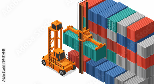 Isometric Logistics Illustration with Container Reach Stacker and Stacks of Freight Cargo in a Port Terminal