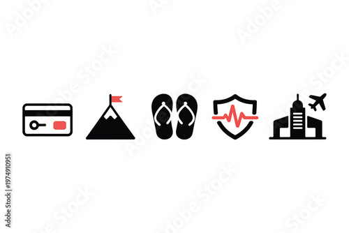 A collection of black flat icons representing travel elements like cards mountains and landmarks high quality