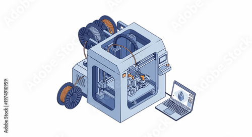 Isometric 3D Printer Illustration with Laptop and Filament Spools for Additive Manufacturing, Rapid Prototyping, and Digital Design Technology on White Background