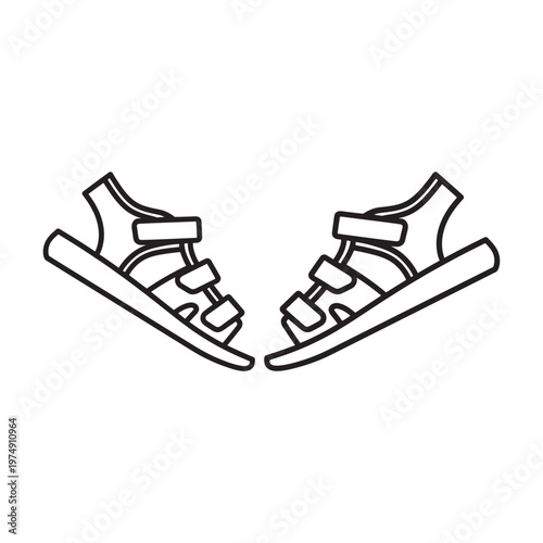 Simple line drawing of a pair of open toed sandals facing forward