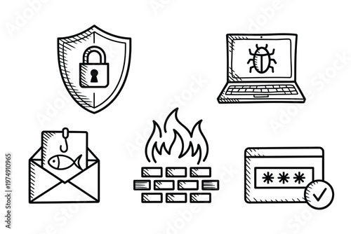 A hand drawn illustration depicts cybersecurity threats like viruses phishing and data breaches high quality professional