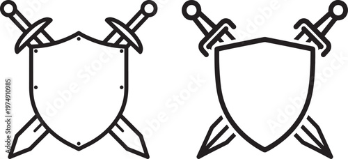 Two stylized shield and crossed swords icons representing protection battle medieval warfare symbolism ancient times protection medieval security historical conflict strength heraldry