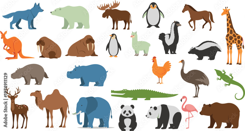 Obraz premium Cute Wild and Farm Animals Collection with Elephant, Panda, Giraffe, Horse, Penguin, Bear, Camel and More Flat Vector Illustrations for Kids Design.