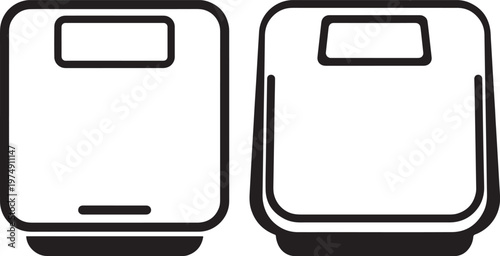 Two monochrome line art icons of digital bathroom scales representing weight measurement and health monitoring with self care measurement bathroom progress personal isolated wellness lifestyle