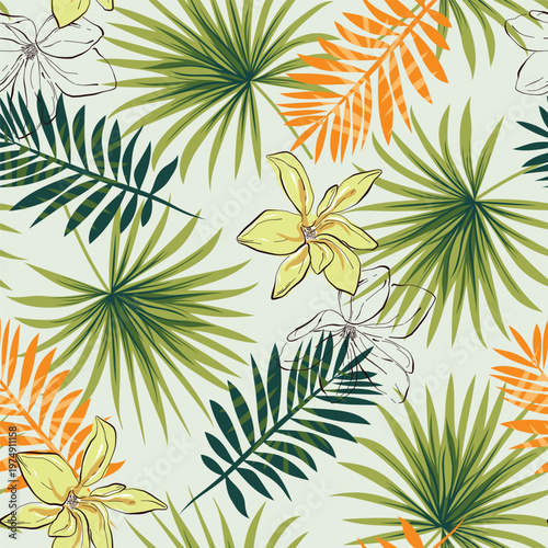 Tropical foliar vector seamless pattern. Exotic floral illustration. Colorful leaves and jungle plants. Minimalist and fashionable foliage tileable background
