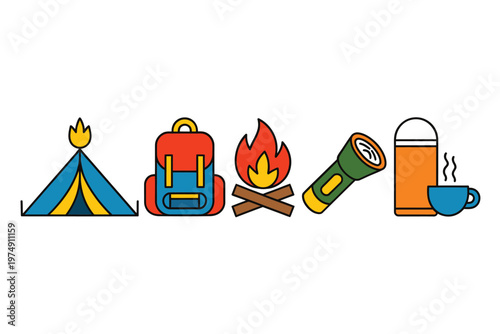 A colorful linear illustration depicts camping essentials a tent backpack campfire flashlight and drink high quality