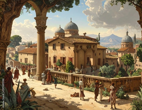 A sun-drenched town square is filled with people in robes, a classic building with domes, and a distant mountain