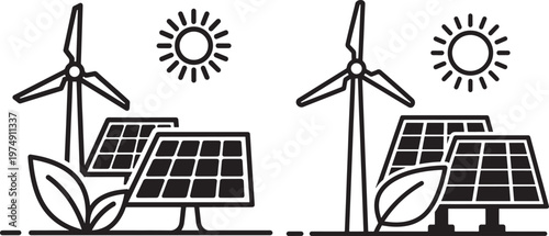 Renewable energy concept with solar panels and wind turbines accompanied by a sun and leaf depicting clean and sustainable power generation in outline form solar panel wind turbine green energy