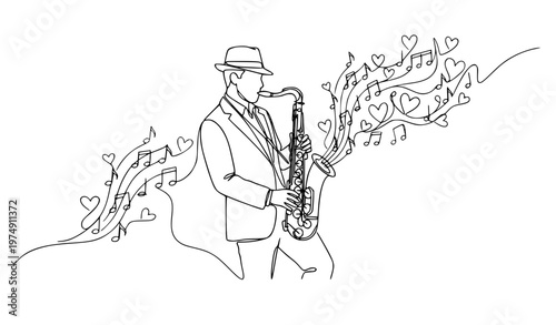 Dynamic continuous line drawing jazz saxophone player with musical notes and hearts modern vector illustration