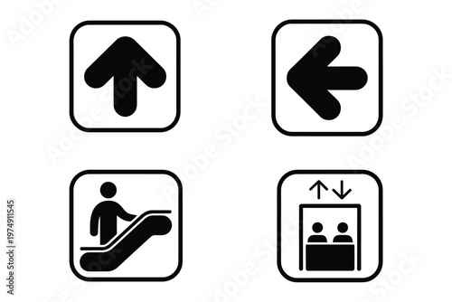 A collection of four black and white icons depicting directions an escalator and an elevator