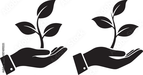 Human hand gently holding a small plant sprout depicted as black silhouettes symbolizing growth new life environmental care sustainability with environment gardening seedling agriculture isolated