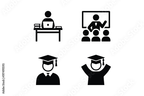 Simple black silhouettes depict online learning a lecture hall and graduation celebrations high quality professional detailed