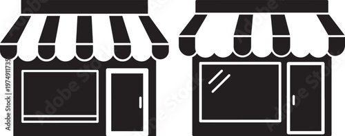 Detailed black silhouette icons of two storefronts each featuring an awning window door symbolizing retail shops and small businesses on a clean white background small business storefront business