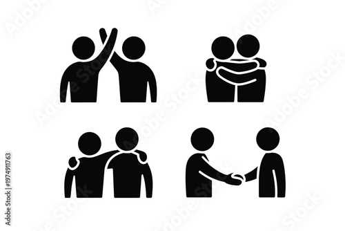Simple black silhouettes depicting various forms of human connection and positive interaction high quality professional detailed