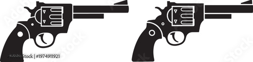 Black silhouette icons of classic revolvers or handguns with distinct barrels and grips self defense law enforcement revolver ammunition cylinder protection security shooting silhouette