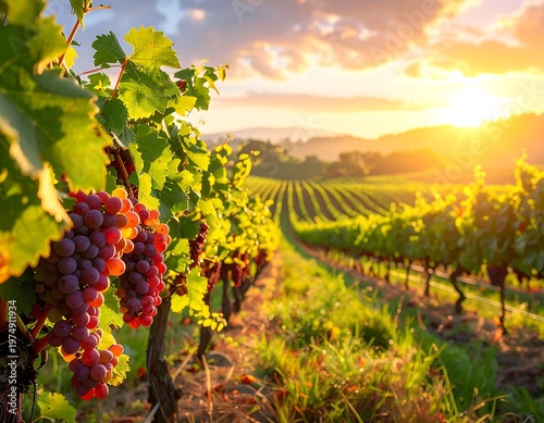 A sun-drenched vineyard scene showcasing rows of grapevines heavy with ripe red grapes at golden hour
