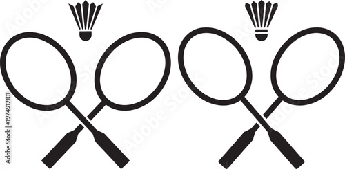 Black silhouette icons of crossed badminton rackets and shuttlecocks with badminton shuttlecock recreation athletics competition activity equipment training exercise silhouette minimalist
