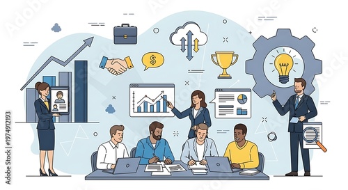 diverse team celebrating business success with awards and growth charts vector illustration