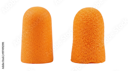 Photography Two orange foam earplugs showing different textures