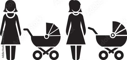 Black and white icon illustration of two mothers pushing baby strollers or prams depicting family and parenting with stroller parenting pushchair silhouette illustration lifestyle activity